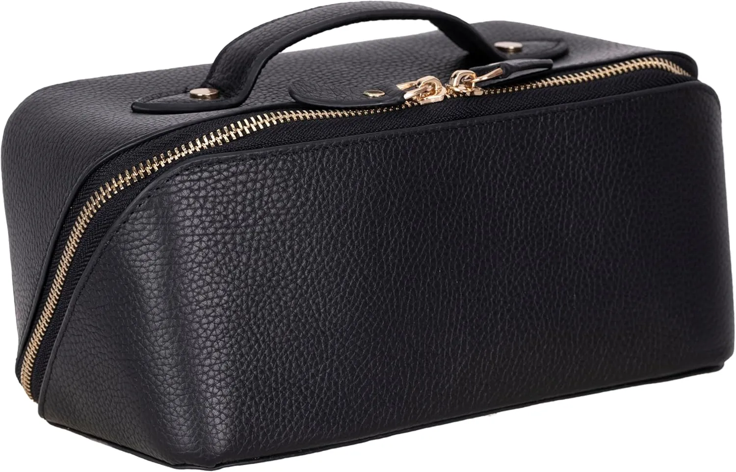 VENOULT Genuine Leather Makeup Bag, Spacious Cosmetic Case, Travel Toiletry Organizer with Handle (Gravel Black)
