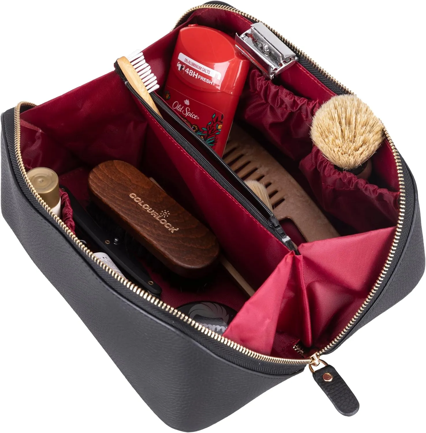 VENOULT Genuine Leather Makeup Bag, Spacious Cosmetic Case, Travel Toiletry Organizer with Handle (Gravel Black)