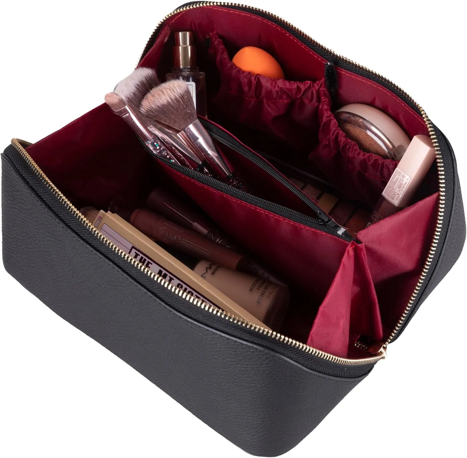 VENOULT Genuine Leather Makeup Bag, Spacious Cosmetic Case, Travel Toiletry Organizer with Handle (Gravel Black)