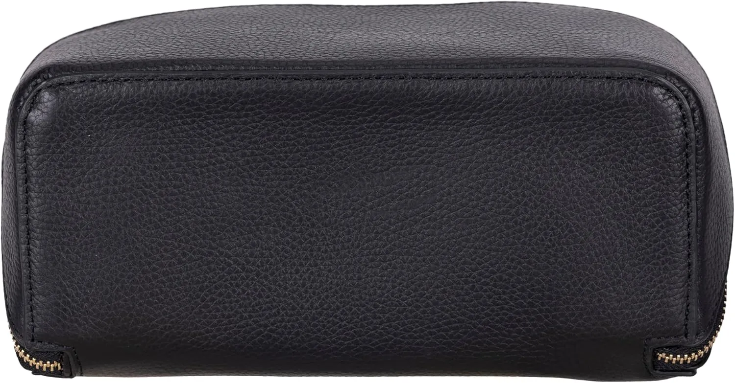 VENOULT Genuine Leather Makeup Bag, Spacious Cosmetic Case, Travel Toiletry Organizer with Handle (Gravel Black)