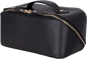VENOULT Genuine Leather Makeup Bag, Spacious Cosmetic Case, Travel Toiletry Organizer with Handle (Gravel Black)