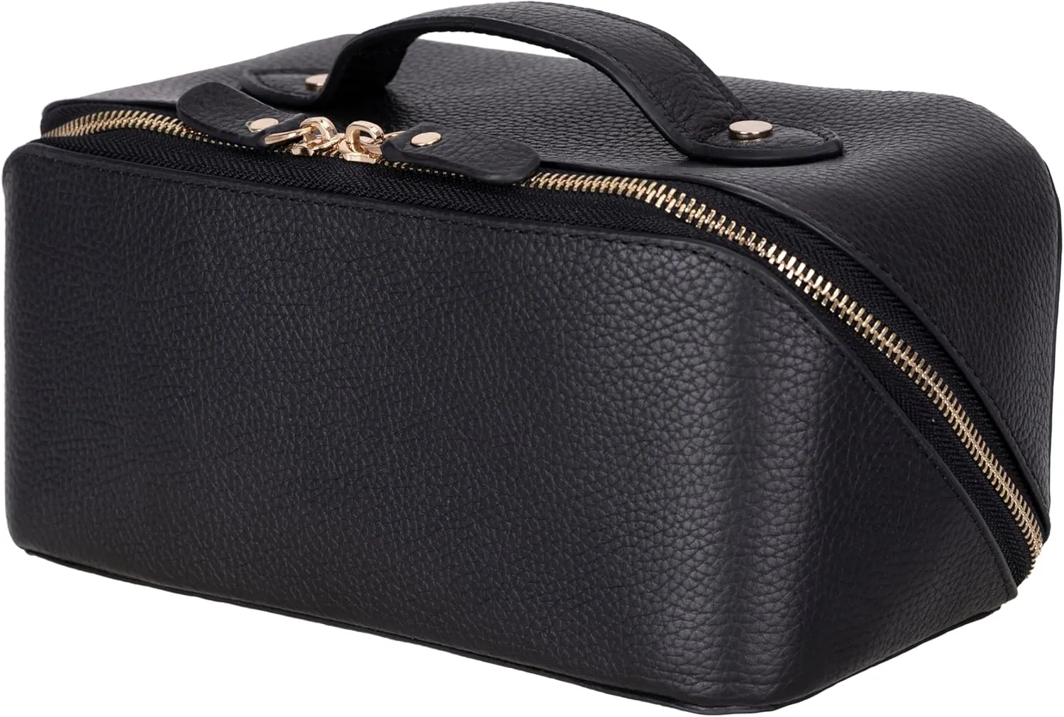 VENOULT Genuine Leather Makeup Bag, Spacious Cosmetic Case, Travel Toiletry Organizer with Handle (Gravel Black)