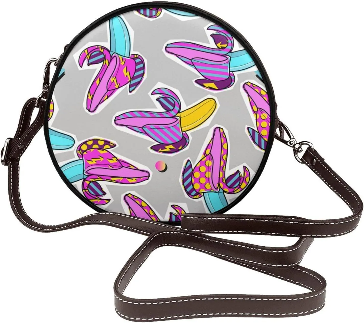 Vintage Leather Circle Shoulder Bag Purses Handbags for Women Small Round Beach Bags with Adjustable Straps