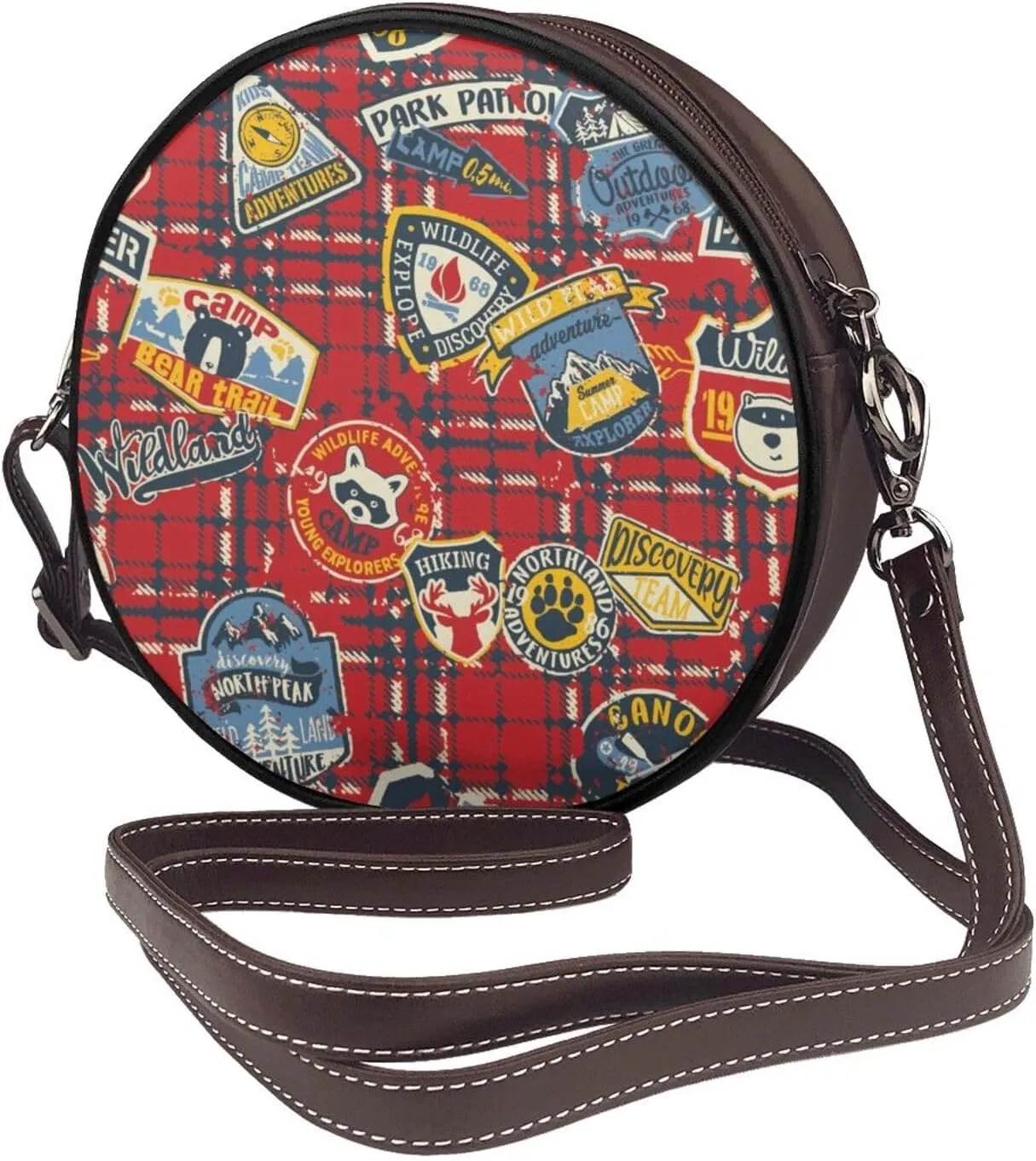 Vintage Leather Circle Shoulder Bag Purses Handbags for Women Small Round Beach Bags with Adjustable Straps