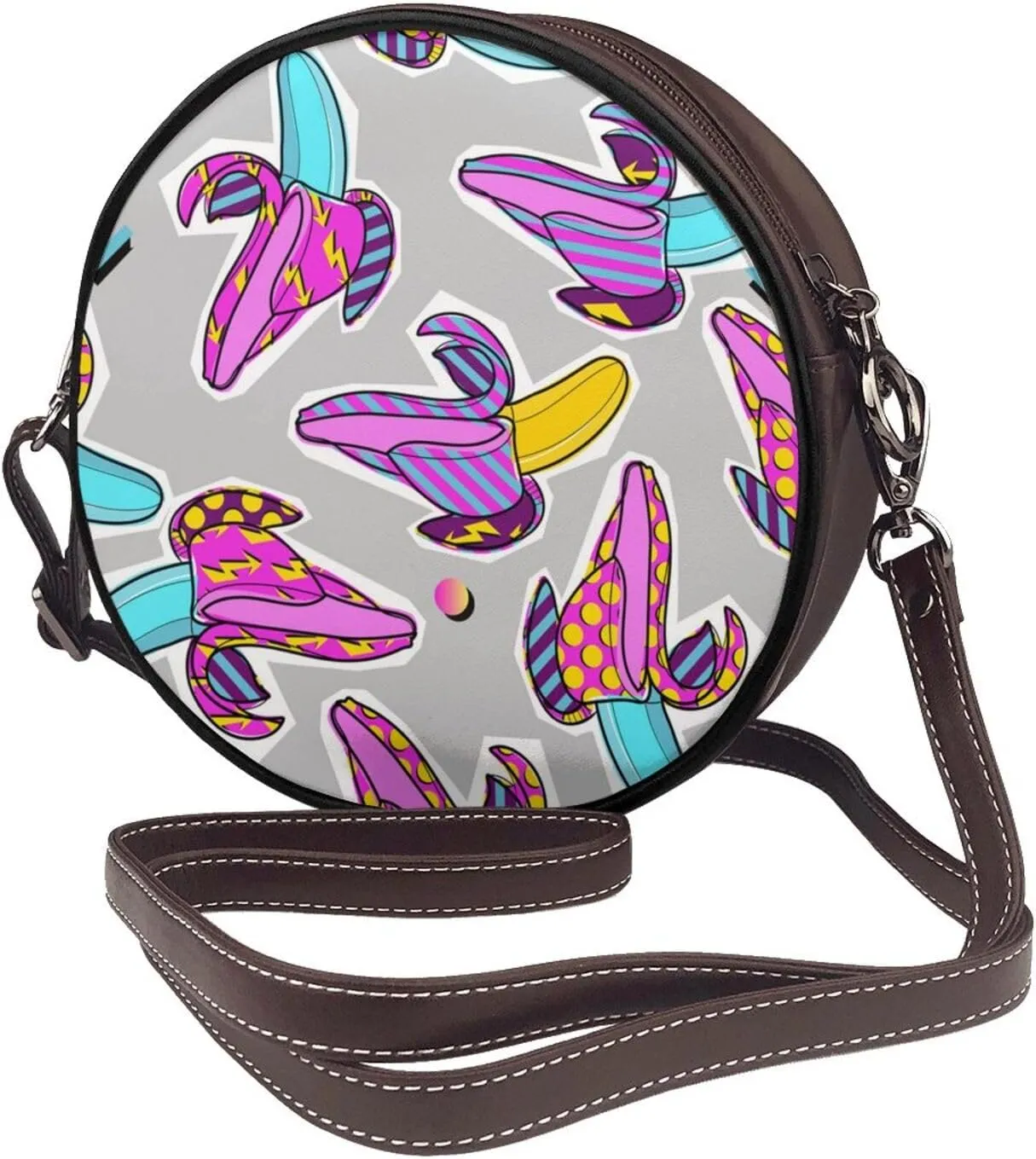 Vintage Leather Circle Shoulder Bag Purses Handbags for Women Small Round Beach Bags with Adjustable Straps