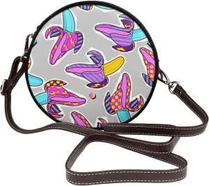 Vintage Leather Circle Shoulder Bag Purses Handbags for Women Small Round Beach Bags with Adjustable Straps