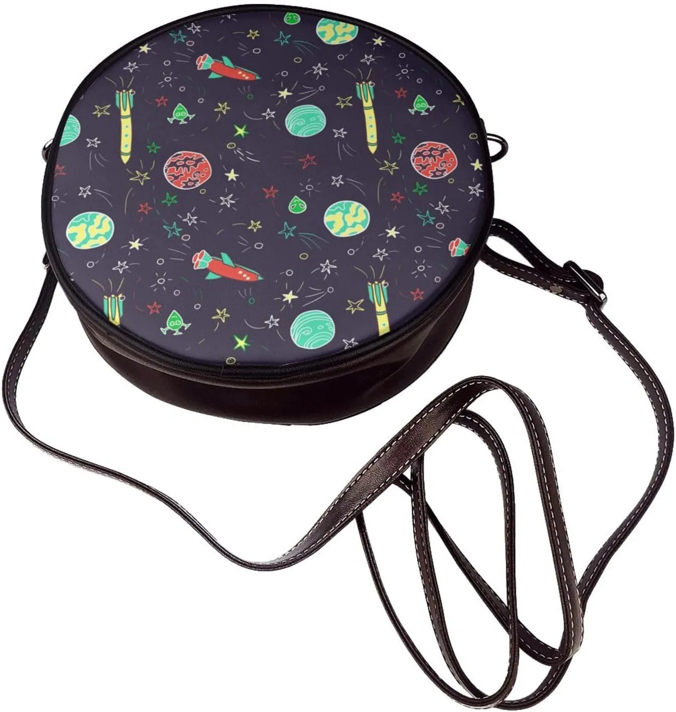 Vintage Leather Circle Shoulder Bag Purses Handbags for Women Small Round Beach Bags with Adjustable Straps