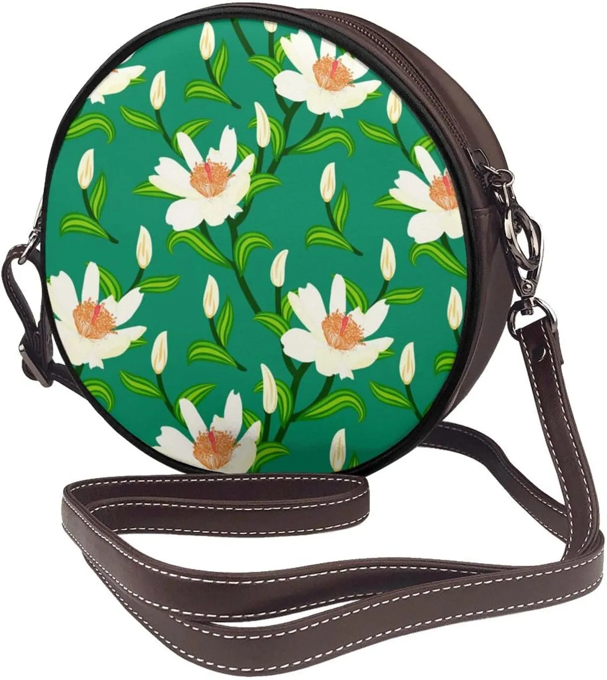 Vintage Leather Circle Shoulder Bag Purses Handbags for Women Small Round Beach Bags with Adjustable Straps