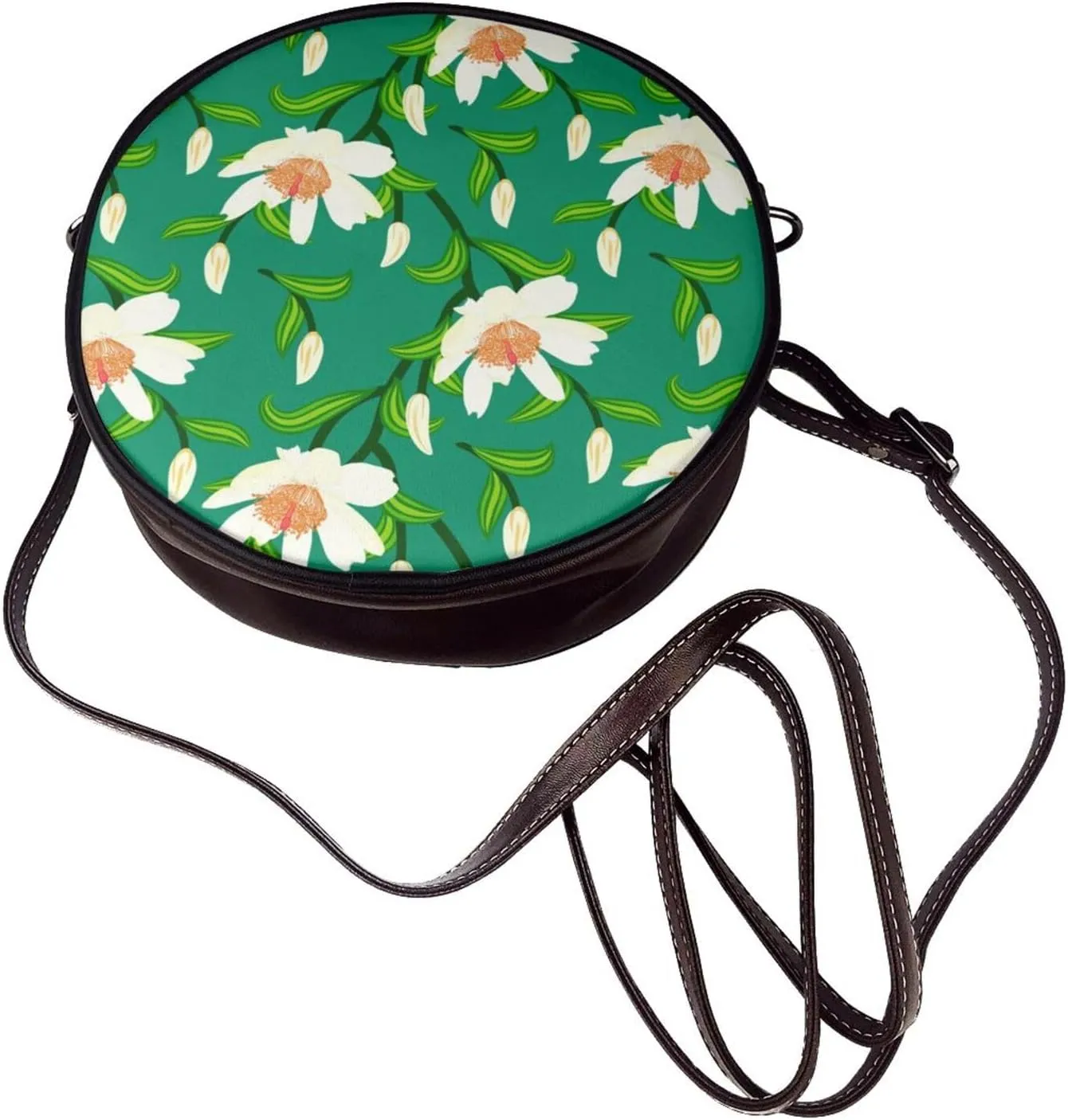 Vintage Leather Circle Shoulder Bag Purses Handbags for Women Small Round Beach Bags with Adjustable Straps