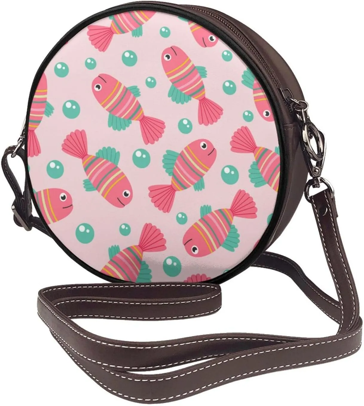 Vintage Leather Circle Shoulder Bag Purses Handbags for Women Small Round Beach Bags with Adjustable Straps