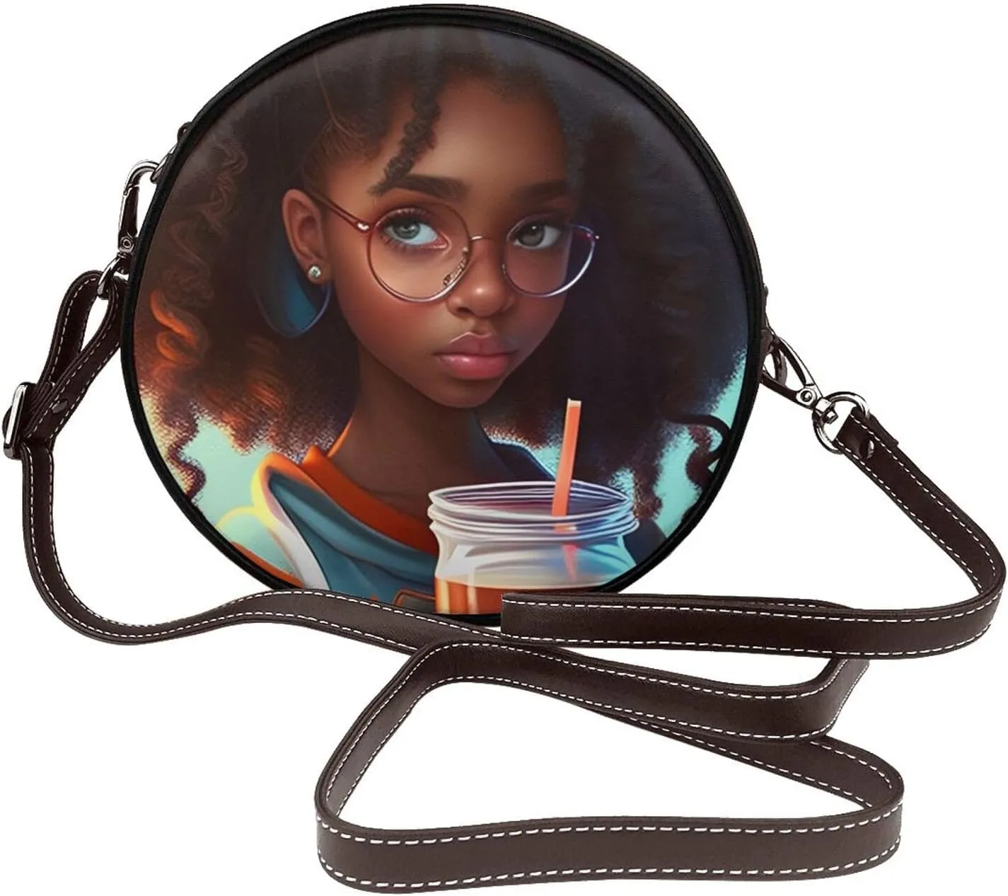 Vintage Leather Circle Shoulder Bag Purses Handbags for Women Small Round Beach Bags with Adjustable Straps