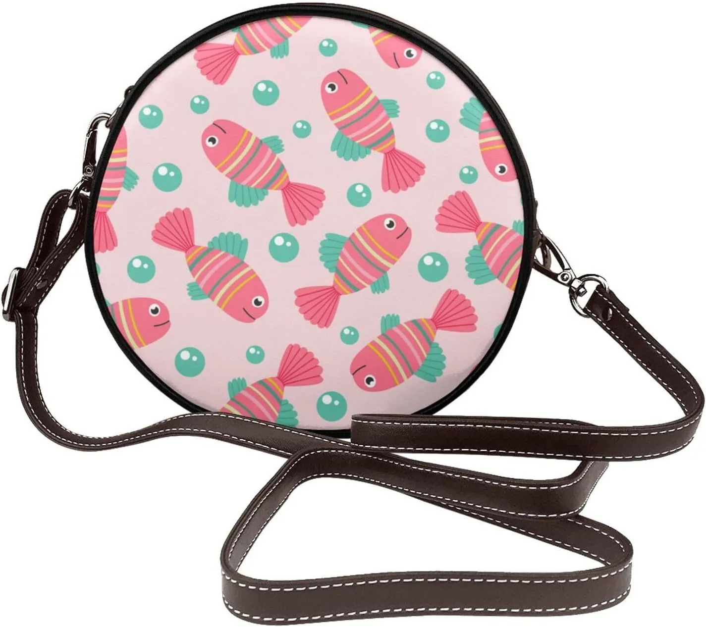 Vintage Leather Circle Shoulder Bag Purses Handbags for Women Small Round Beach Bags with Adjustable Straps