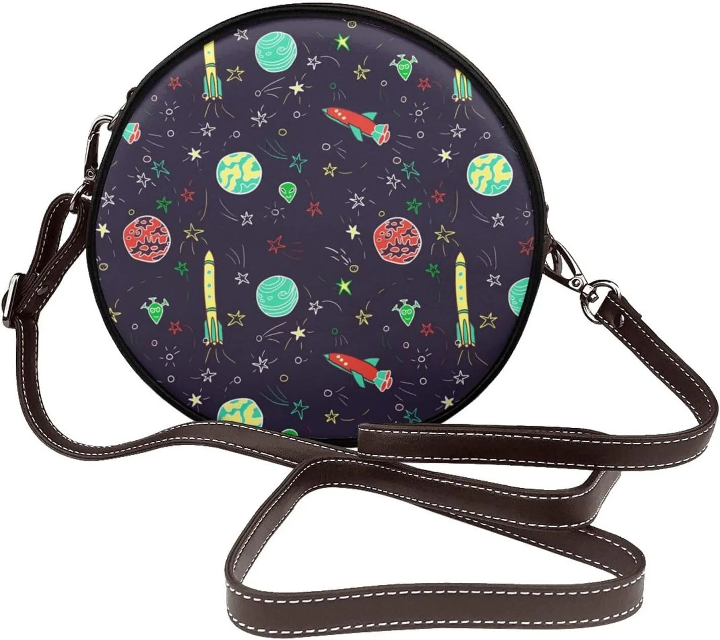 Vintage Leather Circle Shoulder Bag Purses Handbags for Women Small Round Beach Bags with Adjustable Straps