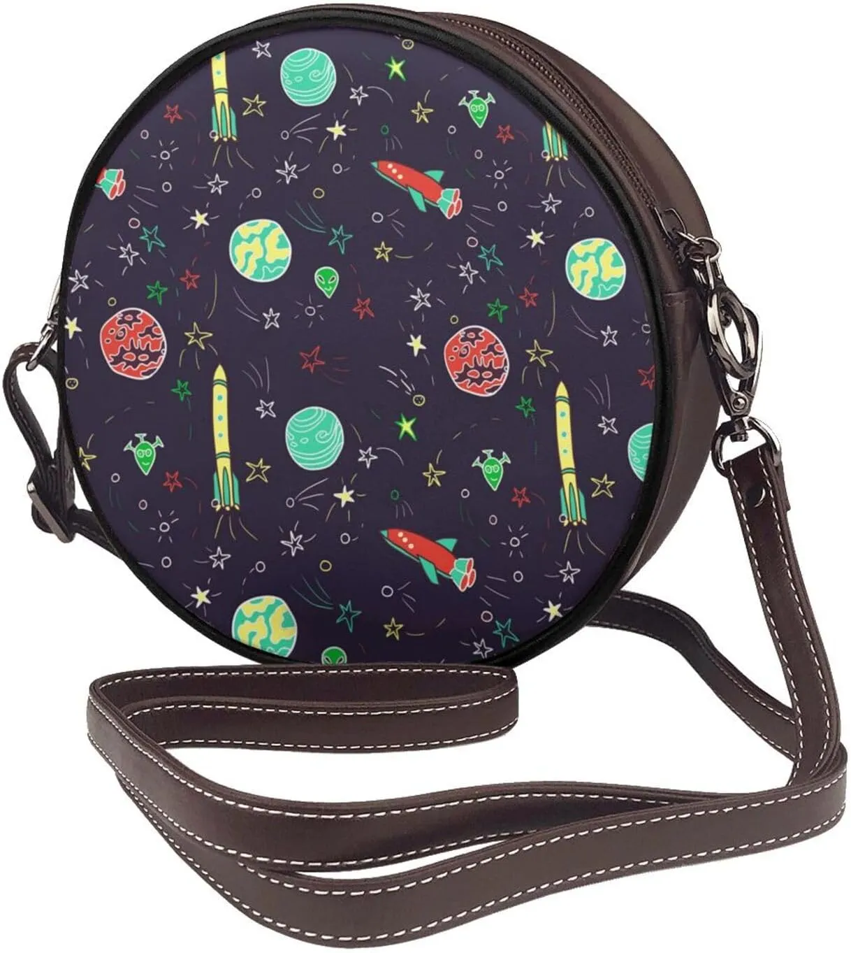 Vintage Leather Circle Shoulder Bag Purses Handbags for Women Small Round Beach Bags with Adjustable Straps
