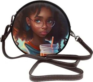 Vintage Leather Circle Shoulder Bag Purses Handbags for Women Small Round Beach Bags with Adjustable Straps