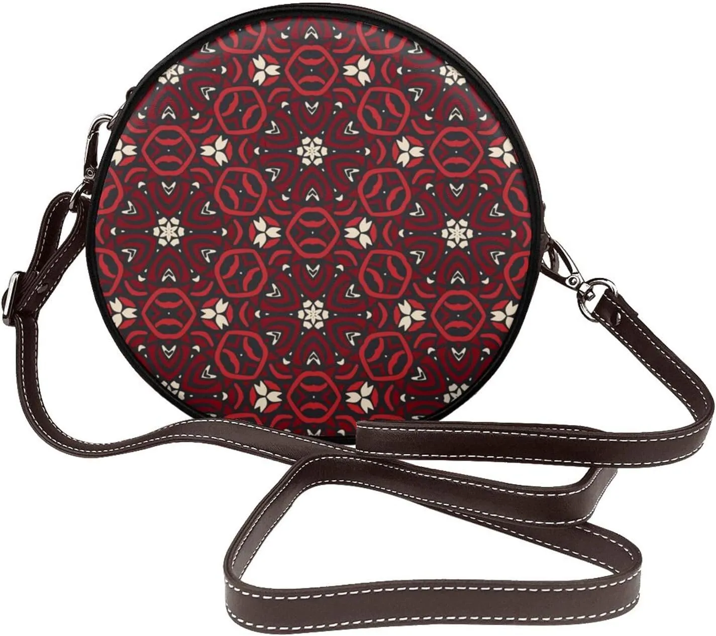 Vintage Leather Circle Shoulder Bag Purses Handbags for Women Small Round Beach Bags with Adjustable Straps