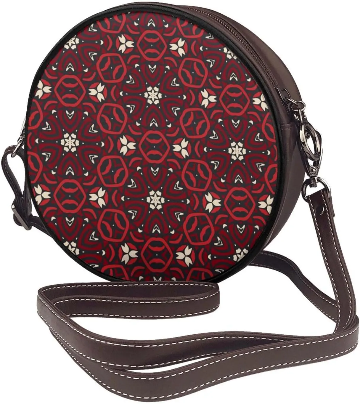 Vintage Leather Circle Shoulder Bag Purses Handbags for Women Small Round Beach Bags with Adjustable Straps