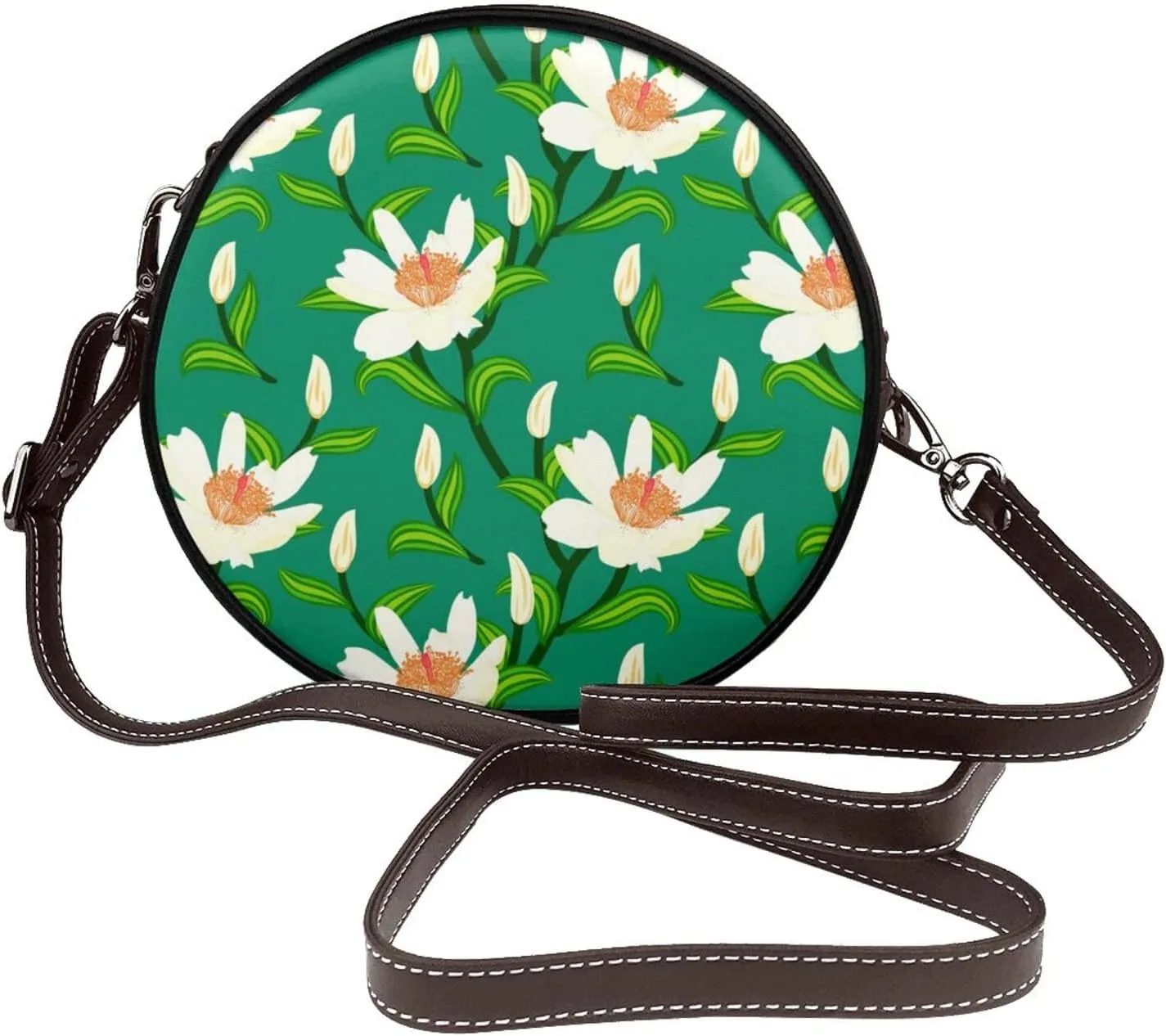 Vintage Leather Circle Shoulder Bag Purses Handbags for Women Small Round Beach Bags with Adjustable Straps