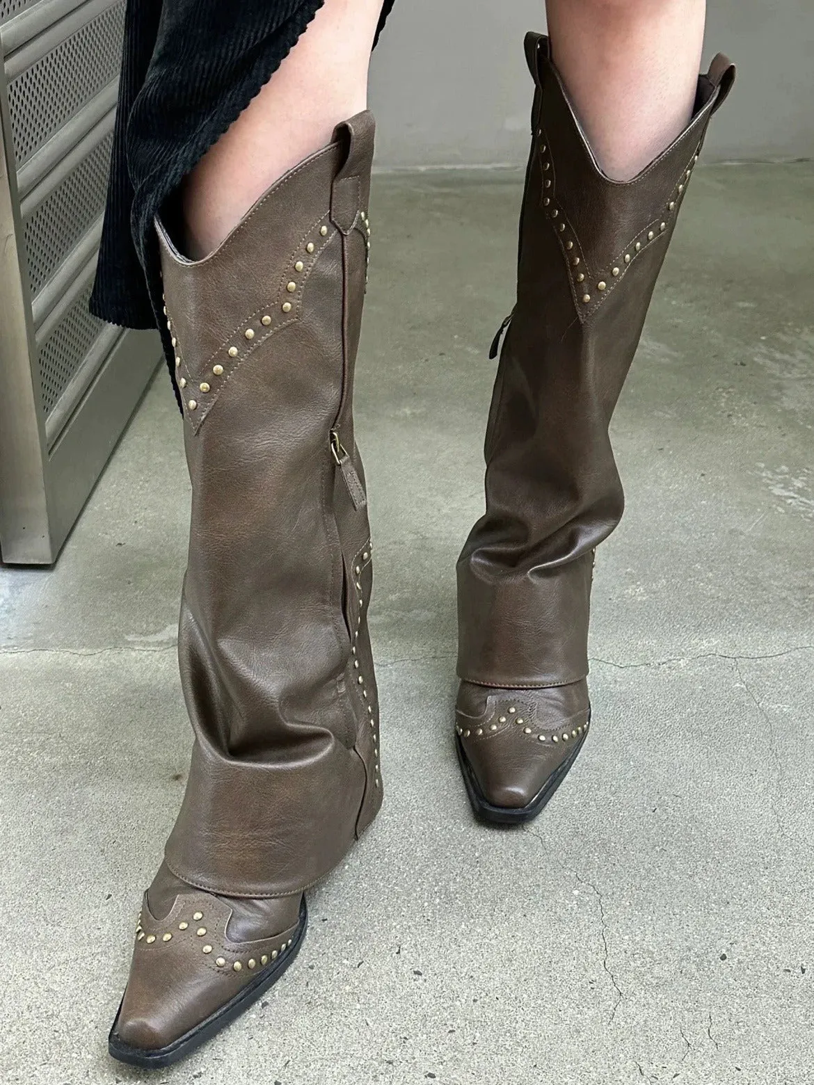 Vintage Pointed-Toe Rivet All-Purpose Chunky Heel Knee-High Boots