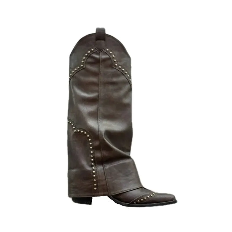 Vintage Pointed-Toe Rivet All-Purpose Chunky Heel Knee-High Boots