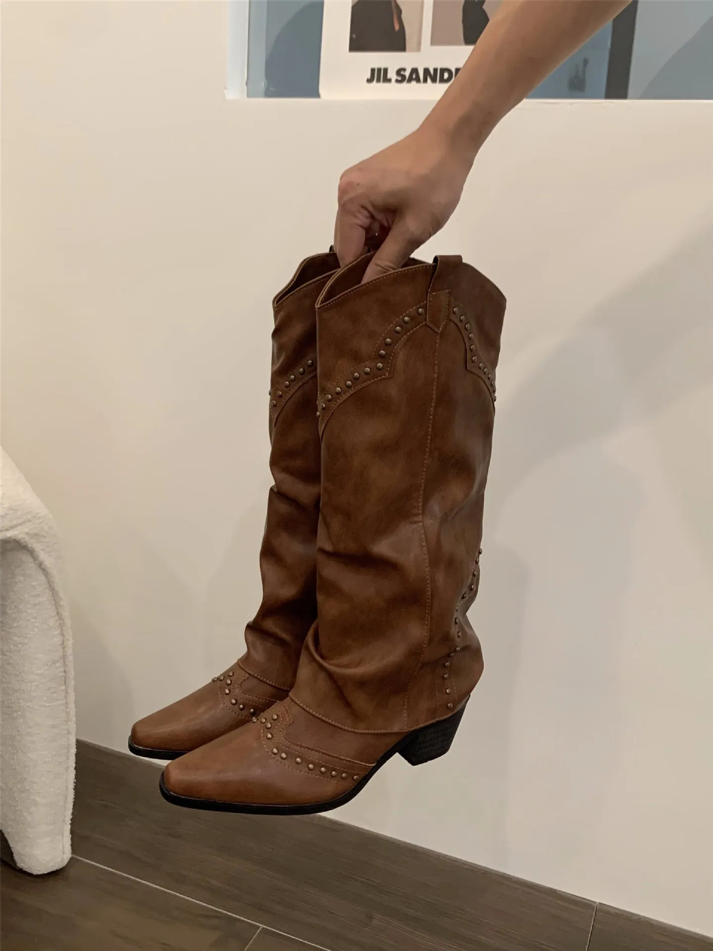 Vintage Pointed-Toe Rivet All-Purpose Chunky Heel Knee-High Boots
