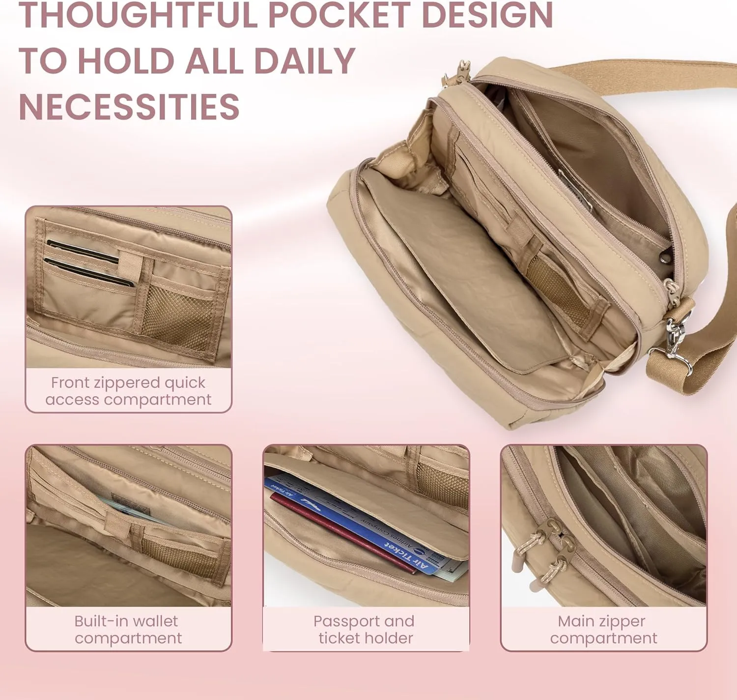 VONAL Small Crossbody Bags for Women Travel Purses Puffer Lightweight Nylon Quilted Puffy Bag Handbags with Multiple Pockets
