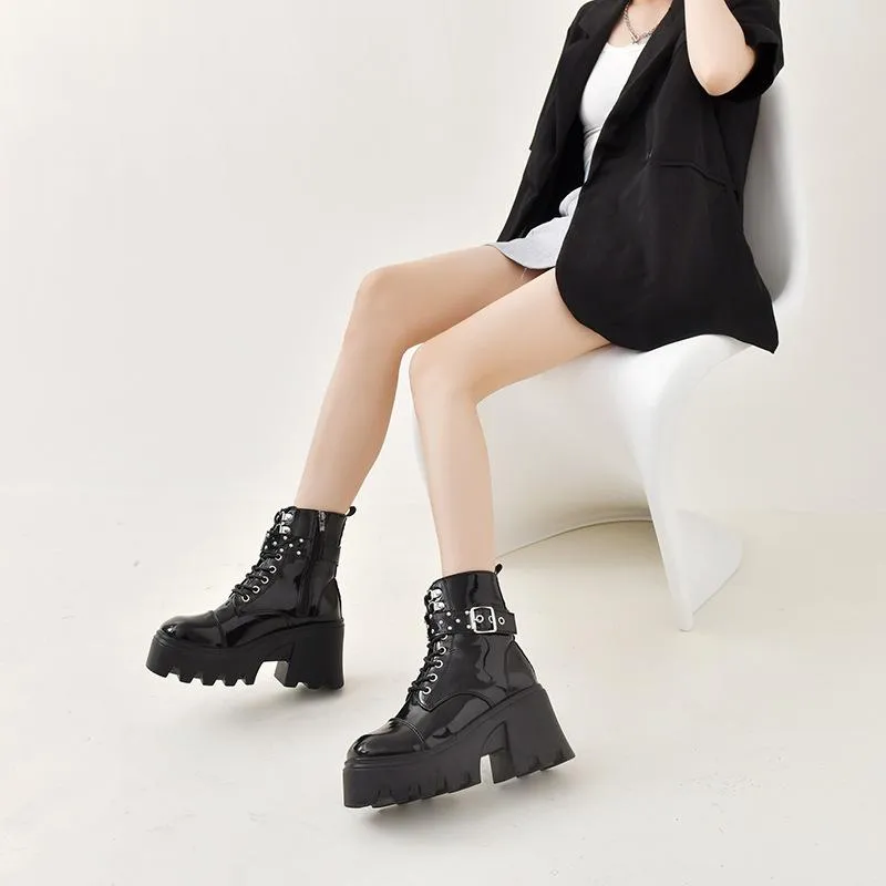 Women buckle strap lace up chunky platform short black boots