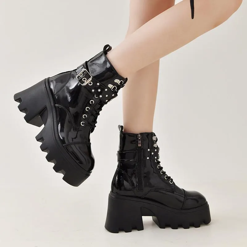 Women buckle strap lace up chunky platform short black boots