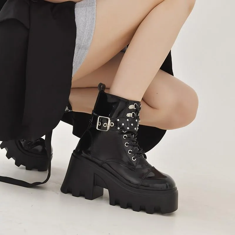 Women buckle strap lace up chunky platform short black boots