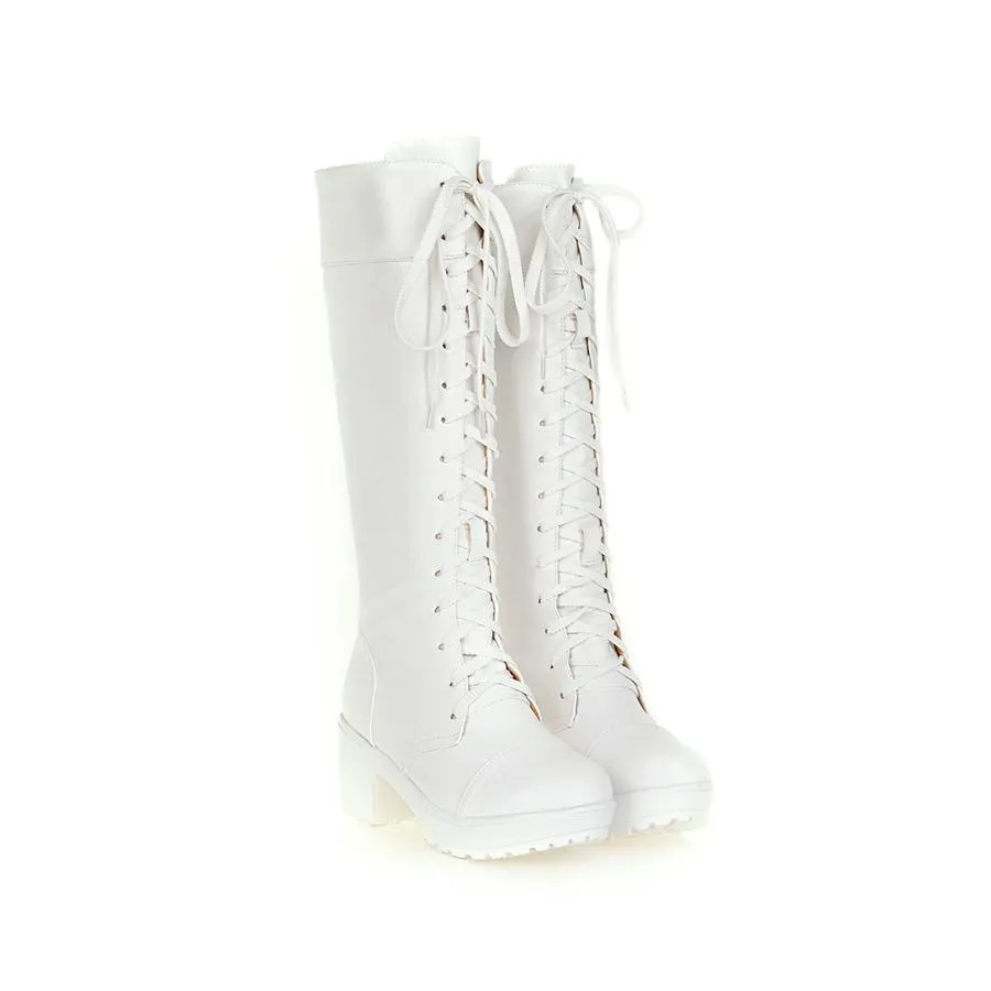 Women chunky heel platform lace up knee high motorcycle boots