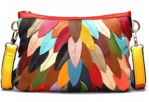 Women Colorful 3D Leaves Splicing Handbag Patent Leather Multicolor Shoulder Purse Snake Pattern Patchwork Crossbody Satchel