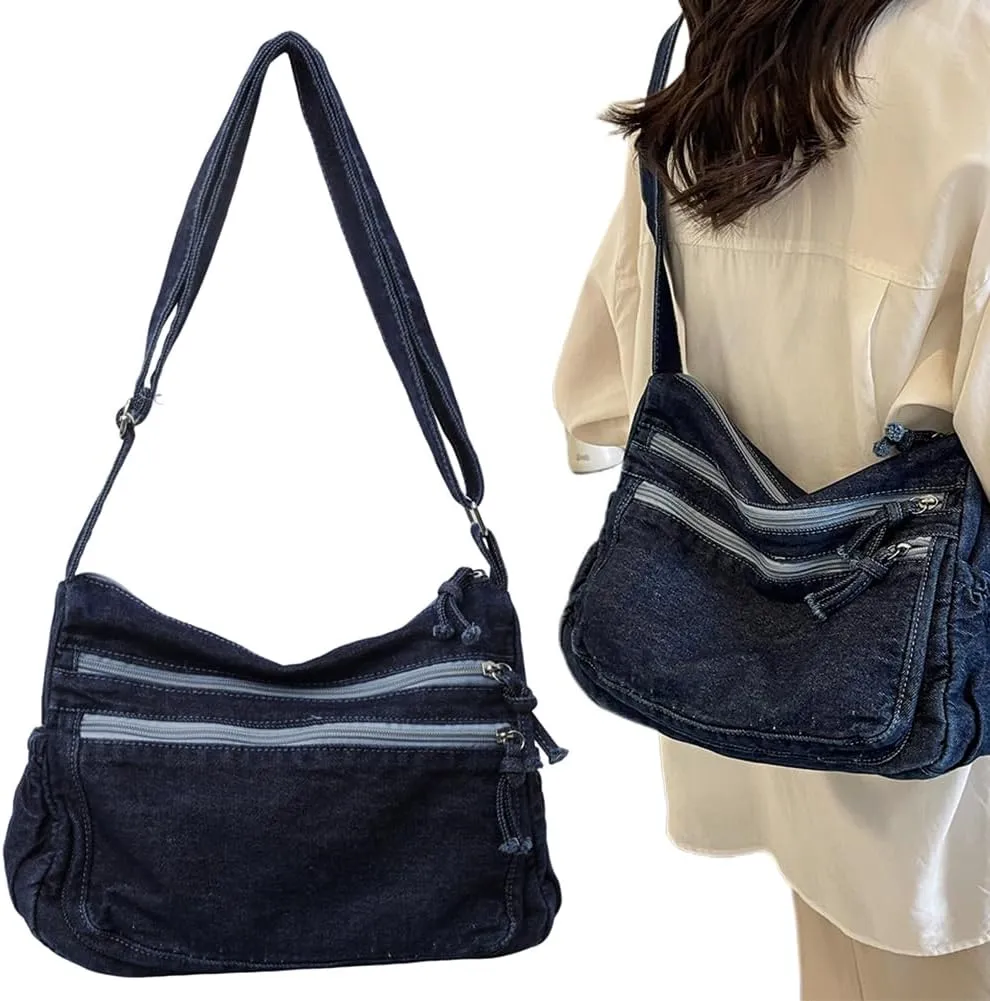 Women Denim Fashion Shoulder Bag Large Capacity Casual Messenger Bag Adjustable Strap Stylish Crossbody Bag Multi-po