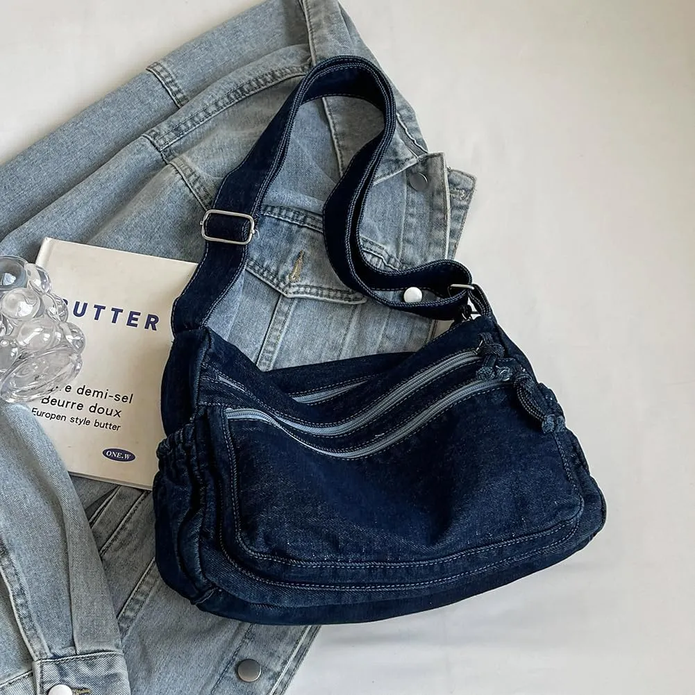 Women Denim Fashion Shoulder Bag Large Capacity Casual Messenger Bag Adjustable Strap Stylish Crossbody Bag Multi-po