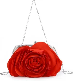 Women Evening Bag Floral Satin Clutch Purses with Chain Rose Pattern Purse Party Prom Handbags