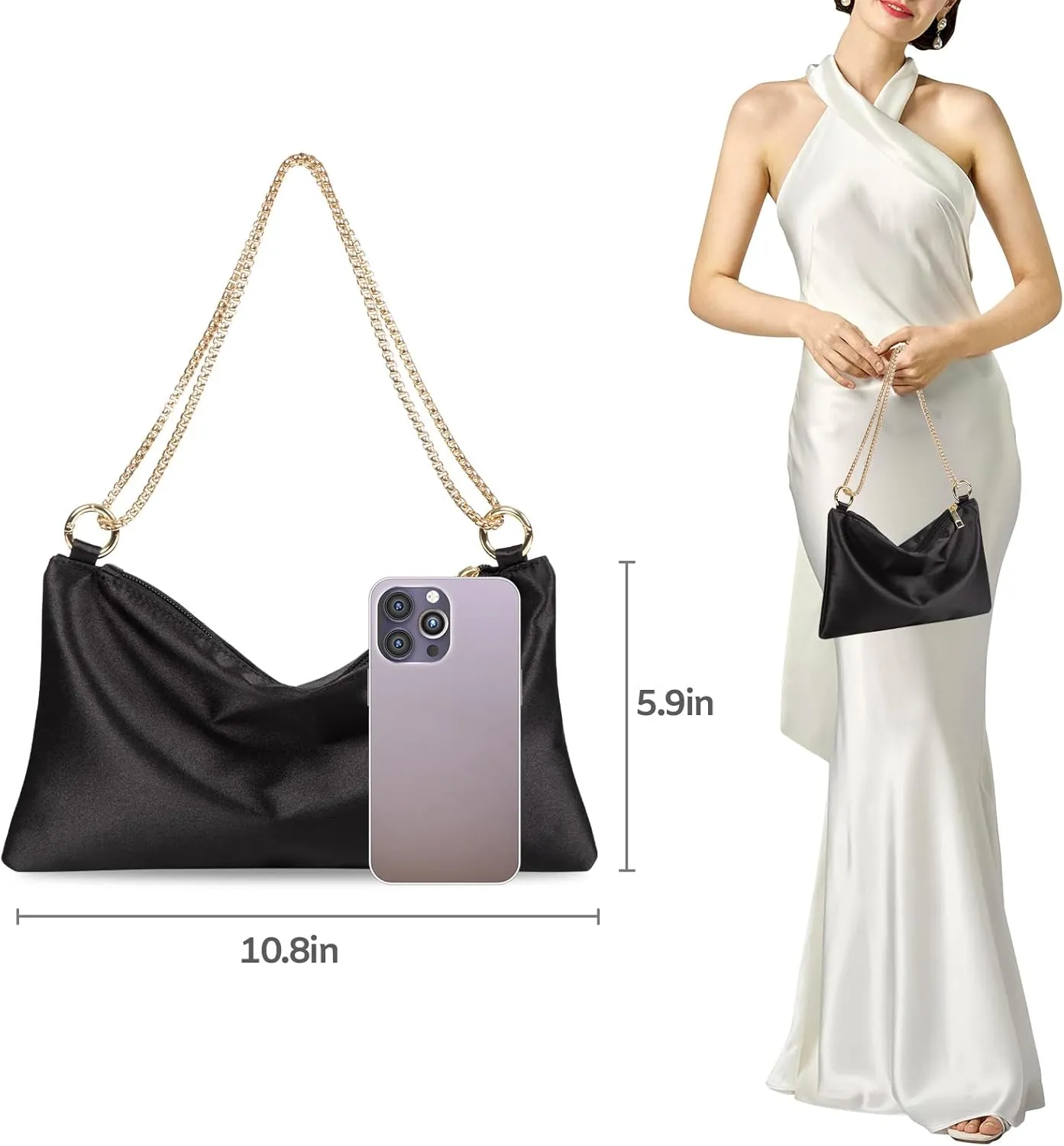 Women Satin Evening Handbag Wedding Prom Clutch Purse Formal Cocktail Party Clutches Shoulder Bag with 2 Bag Chains
