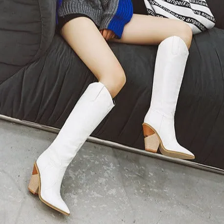 Women's chunky high heels knee high boots Solid cowboy boots Fall winter tall boots