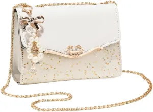 Women's Crossbody Square Bags PU Leather Handbag with Pearl Pendant Satchels Tote Bag with Metal Chain Strap