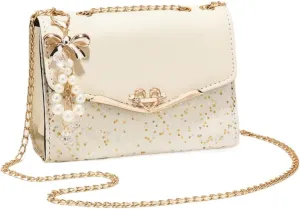 Women's Crossbody Square Bags PU Leather Handbag with Pearl Pendant Satchels Tote Bag with Metal Chain Strap