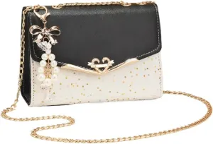 Women's Crossbody Square Bags PU Leather Handbag with Pearl Pendant Satchels Tote Bag with Metal Chain Strap
