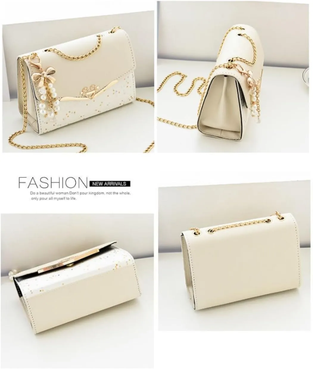 Women's Crossbody Square Bags PU Leather Handbag with Pearl Pendant Satchels Tote Bag with Metal Chain Strap