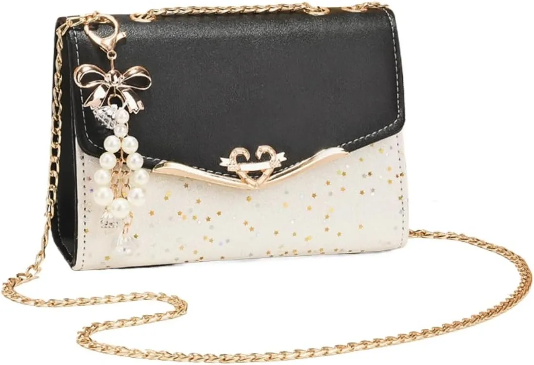 Women's Crossbody Square Bags PU Leather Handbag with Pearl Pendant Satchels Tote Bag with Metal Chain Strap