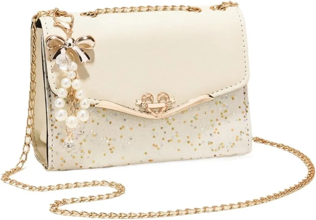Women's Crossbody Square Bags PU Leather Handbag with Pearl Pendant Satchels Tote Bag with Metal Chain Strap