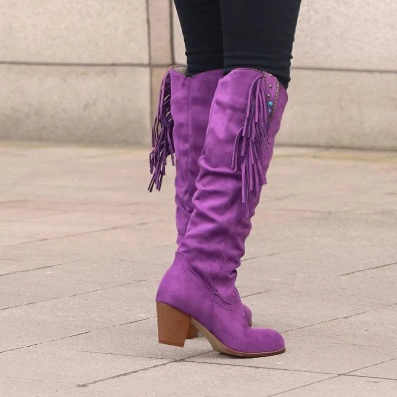 Women's ethnic faux suede tassels knee high boots