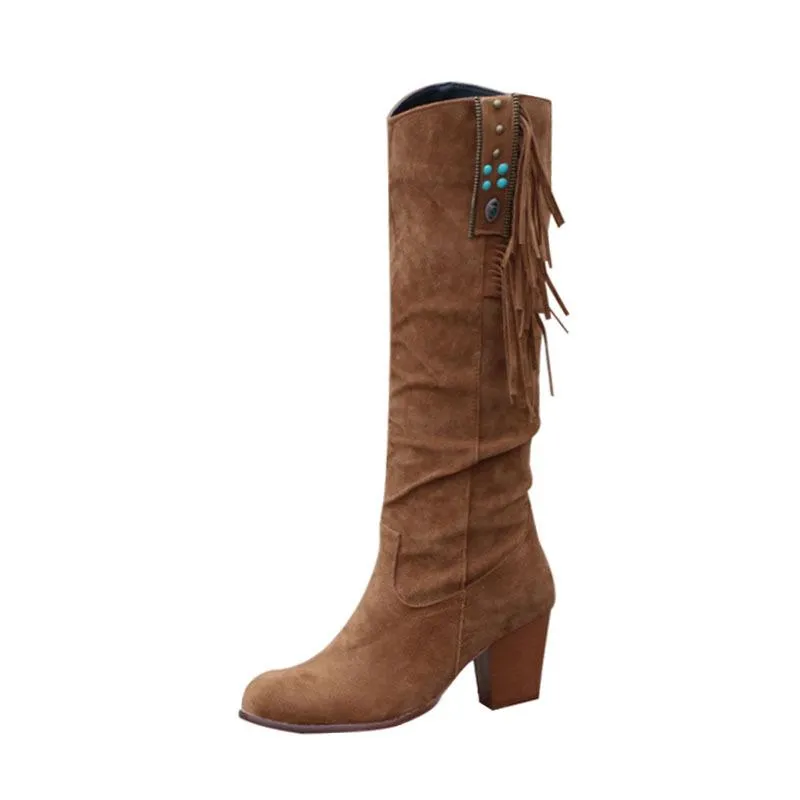 Women's ethnic faux suede tassels knee high boots