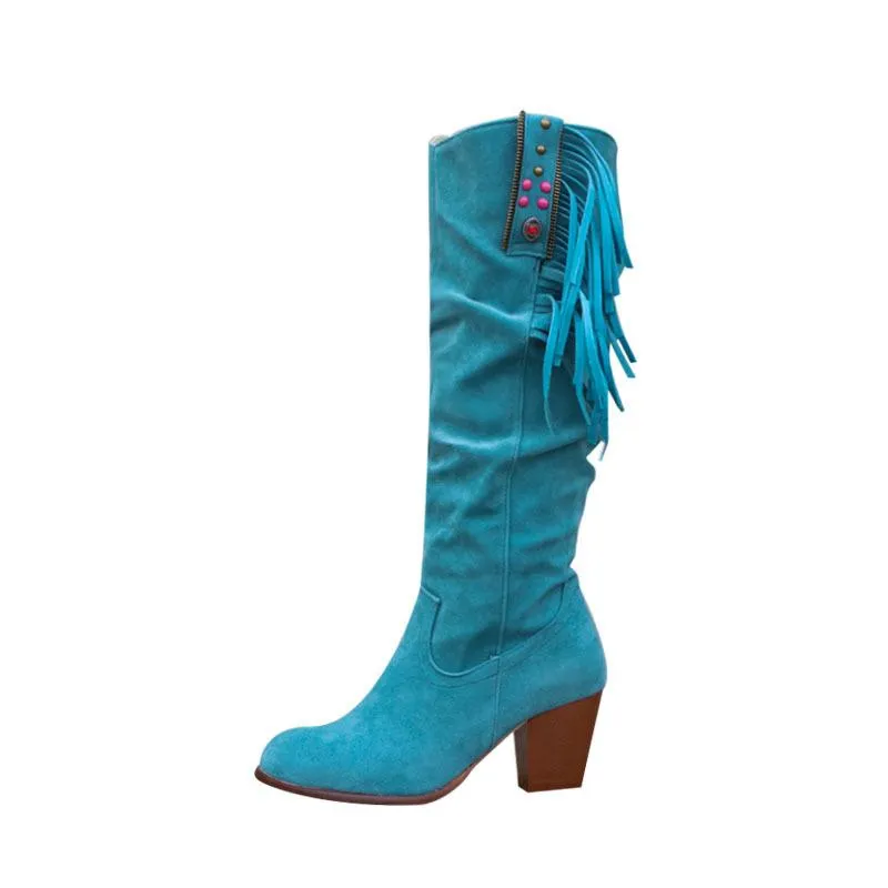 Women's ethnic faux suede tassels knee high boots
