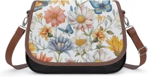 Women's Handbag Blossom Floral Pattern Colorful Butterfly Satchel Bag Leather Crossbody Bag Waterproof Messenger Bag