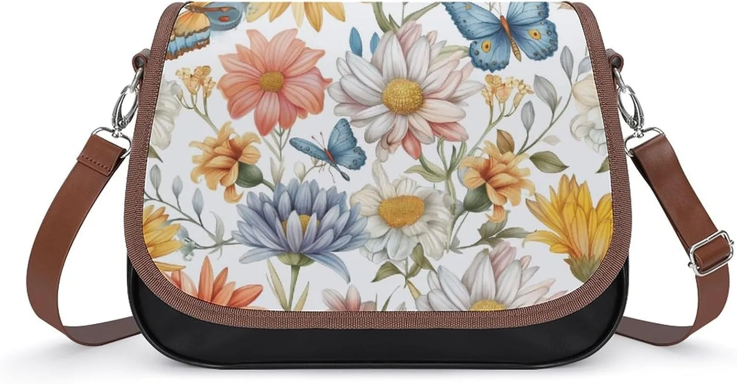 Women's Handbag Blossom Floral Pattern Colorful Butterfly Satchel Bag Leather Crossbody Bag Waterproof Messenger Bag