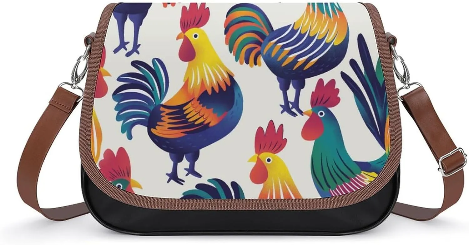Women's Handbag Colorful Roosters Patterns Satchel Bag Leather Crossbody Bag Waterproof Messenger Bag