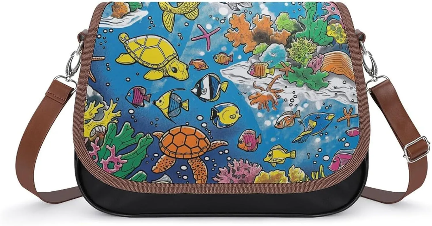 Women's Handbag Colorful Sea Fish Patterns Satchel Bag Leather Crossbody Bag Waterproof Messenger Bag