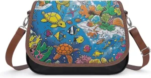 Women's Handbag Colorful Sea Fish Patterns Satchel Bag Leather Crossbody Bag Waterproof Messenger Bag